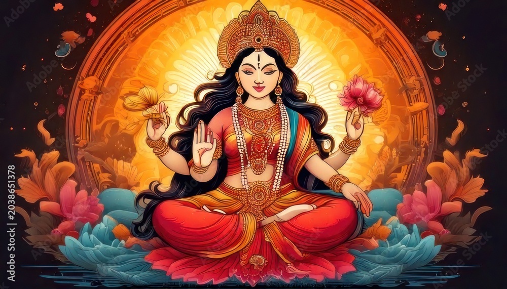 Fototapeta premium Illustration of Goddess Lakshmi seated on a lotus flower.