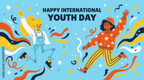 Celebrate International Youth Day with vibrant flat design illustrations depicting joyful diverse young people jumping and celebrating in a dynamic colorful explosion of abstract shapes and