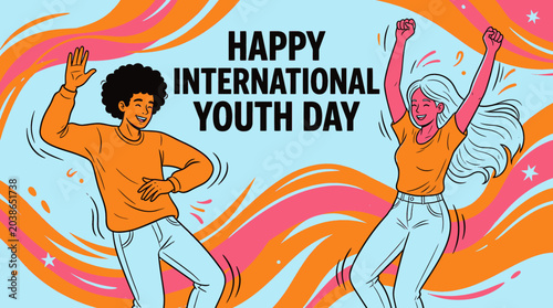 Embracing the spirit of youth Two jubilant individuals dancing with arms raised in celebration of International Youth Day surrounded by vibrant wavy patterns symbolizing energy and dynamism