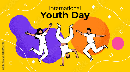 Celebrate International Youth Day with vibrant energetic young people jumping and dancing with joyful expressions against a colorful abstract design promoting unity and active participation in