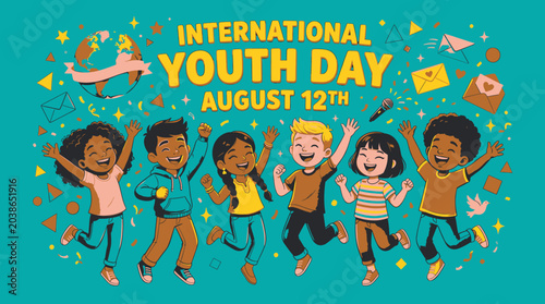 Celebrate International Youth Day August 12th Marking Global Youth Engagement With Diverse Energetic Children Jumping Joyfully Amidst Festive Decorations Representing Communication And