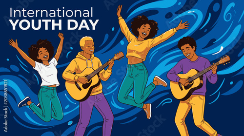 Diverse Young People Joyfully Celebrating International Youth Day Performing Music Together With Guitars And Instruments With Energetic Expressions And Bright Clothing Against Vibrant Abstract