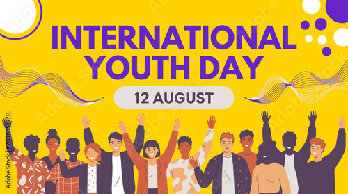 Celebrate International Youth Day on August 12th with vibrant imagery showcasing a diverse group of young people with their arms raised in celebration and joy promoting unity and a bright future