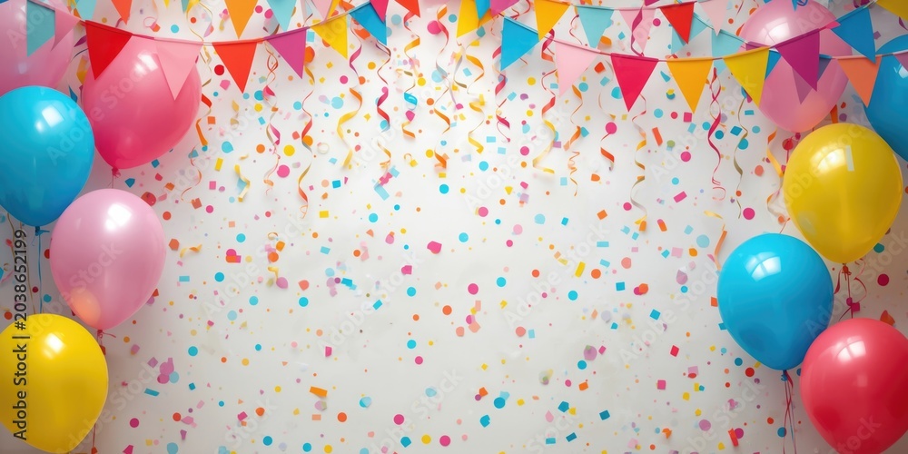 Obraz premium Exuberant party backdrop displaying vibrant bunting balloons and confetti in flat art style