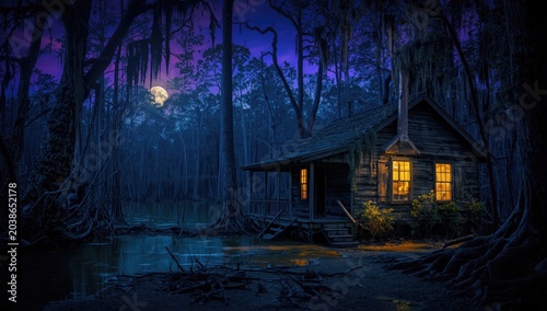 Ghostly swamp cabin at nigh...