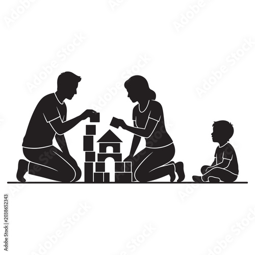 Family playing with building blocks silhouette for global day of parents black and white