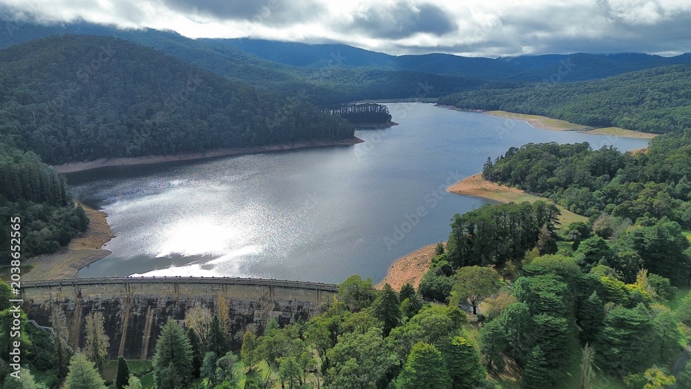 Obraz premium Maroondah dam reservoir and surrounding yarra ranges forest