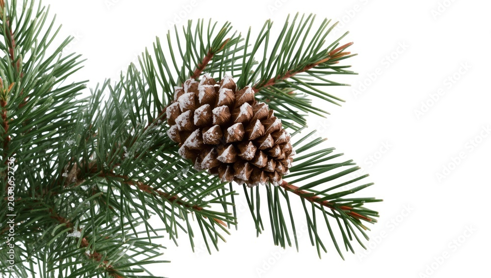 Fototapeta premium Evergreen twigs holding a pine cone with frosted edges isolated against white background