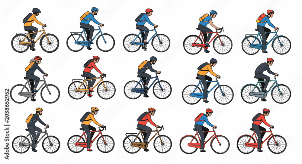Naklejka premium Diverse Group of Cyclists Riding Bicycles in a Row.