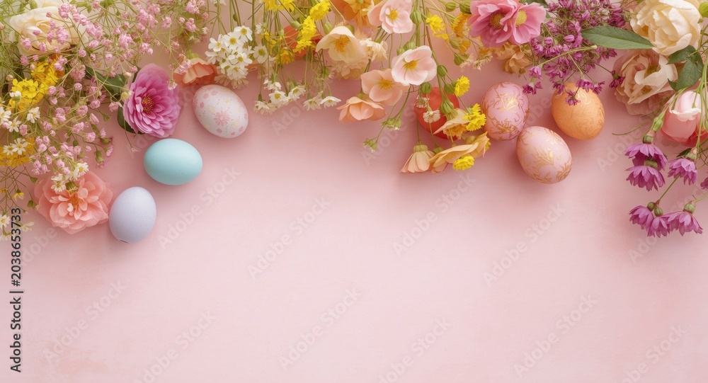 Obraz premium Easter spring flower backdrop with decorative eggs and copy space from overhead view