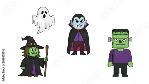 A collection of cute Halloween characters including a ghost, witch, Dracula, and Frankenstein monster, perfect for holiday designs.
