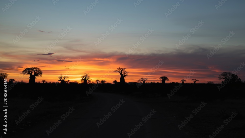 Naklejka premium Enchanting sunset colors spreading across a wide baobab trail