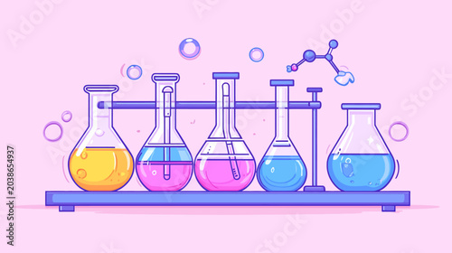 Colorful illustrated lab scene with beakers of different colors on a purple stand, molecule detail