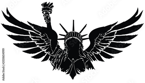 Statue of Liberty silhouette combined with large majestic wings creates a powerful patriotic emblem symbolizing freedom and strength for nationalistic branding and cultural awareness initiatives.