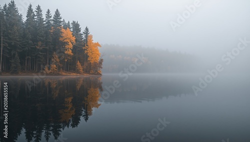 Dawn fog covers a serene la...