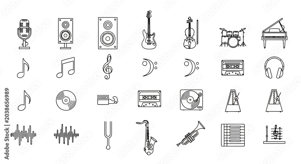 Fototapeta premium Musical instruments are displayed as thin icons.