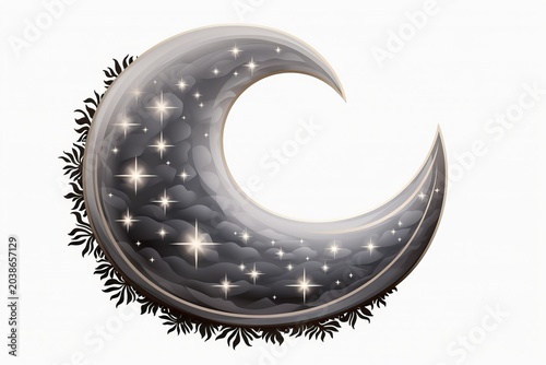 Crescent moon showing a night sky with shiny stars and ornate floral elements