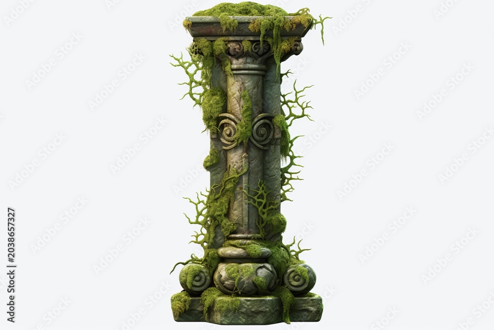 Naklejka premium Ancient stone pillar standing covered in vibrant moss and creeping vines