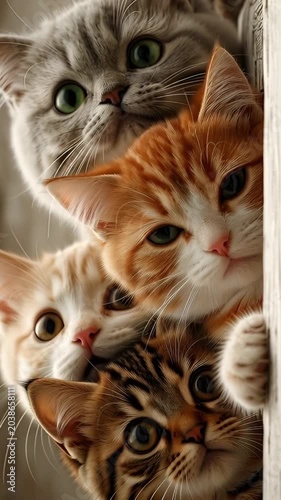Cute kittens peeking from behind a door in cozy indoor lighting pet lifestyle video
