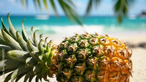 Whole Uncut Pineapple on a Tropical Beach