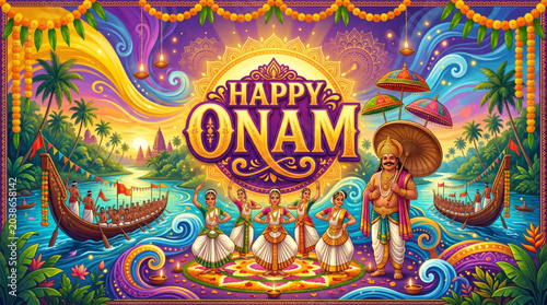 Happy Onam Festival Celebration with Kerala Boat Race Traditional Dancers Mahabali and Cultural Heritage