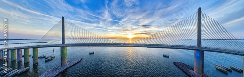 Sunrise over Sunshine Skyway Bridge aerial view Tampa Bay Florida