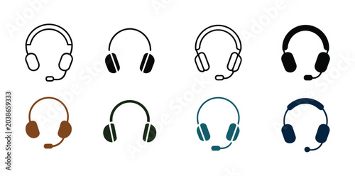 Headphone Icon Set: A collection of diverse headphone icons in various styles and colors. Communication tool, audio device, technology accessory, headset illustration, user interface element.