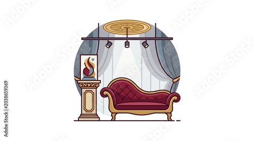 Foto Elegant red chaise lounge in a museum gallery setting.