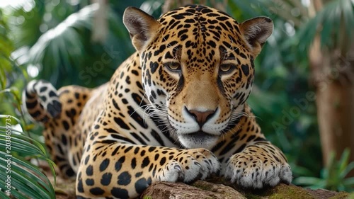 Majestic Jaguar in Jungle: A stunning jaguar with its characteristic spotted coat rests serenely on a thick branch amidst lush tropical foliage, its gaze intense and captivating.