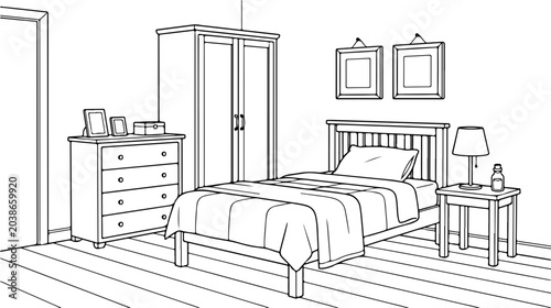 Canvastavla Simple bedroom interior, line bed nightstand lamp