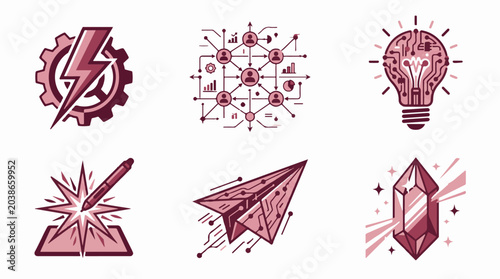 Set of six business and technology icons featuring gear lightning network lightbulb stylus paper plane and crystal in monochrome maroon vector style