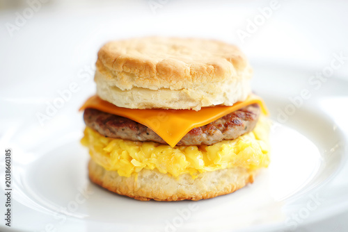 Stacked Biscuit Sandwich with Sausage Egg and Cheese breakfast