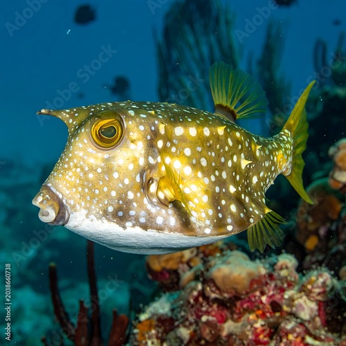 A large pufferfish with white spots swims near coral