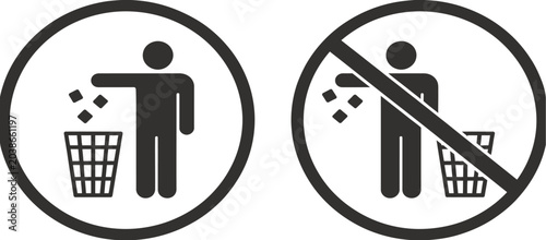 Quadro su tela Printable litter bin and no littering icon set showcasing waste disposal symbols for environmental protection, public hygiene, and recycling signage design