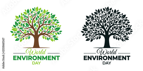 Картината върху платно World Environment Day emblem design with flourishing green tree and detailed bla