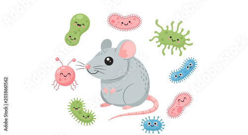 Cute cartoon mouse surrounded by various friendly colorful bacteria and virus microbes.