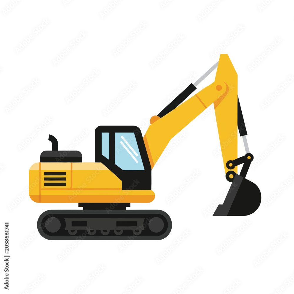Naklejka premium Yellow Excavator Construction Vehicle Illustration, Heavy Machinery, Digging Equipment