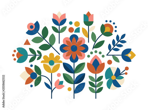 Tableau sur toile Vibrant Folk Art Floral Pattern A Beautiful Assemblage of Stylized Flowers and L