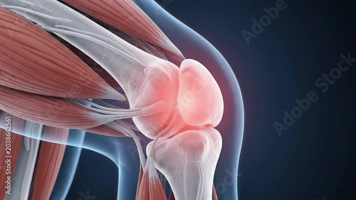 3D medical render of human knee muscle showing red glowing pain