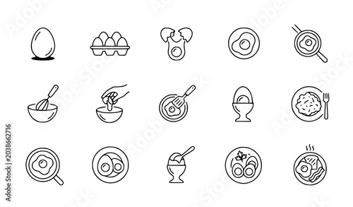 Fotografía Breakfast food and egg dishes outline icons set, morning meal line art elements