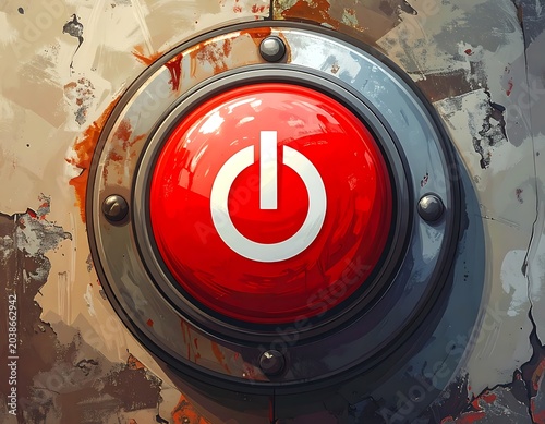 A large red power button with a white symbol on a metallic background