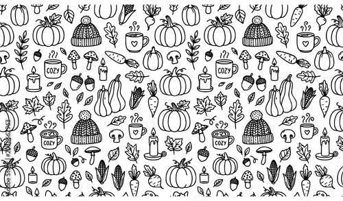 Cozy autumn doodle seamless pattern, fall lifestyle elements line art background.