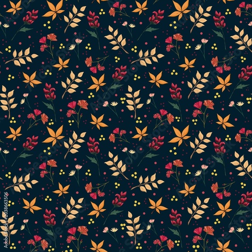 Colorful autumn floral pattern with various flowers and leaves on dark background suitable for textile or design use