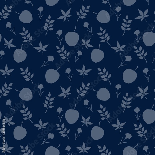Seamless Pattern of autumn leaves and apples on a dark blue background showing nature's design and colors in a simple layout