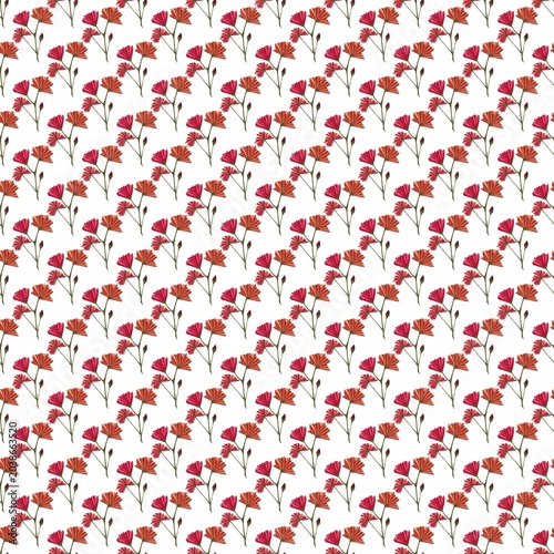 Seamless Pattern of small flowers in red and pink shades on a white background showing a repeated design