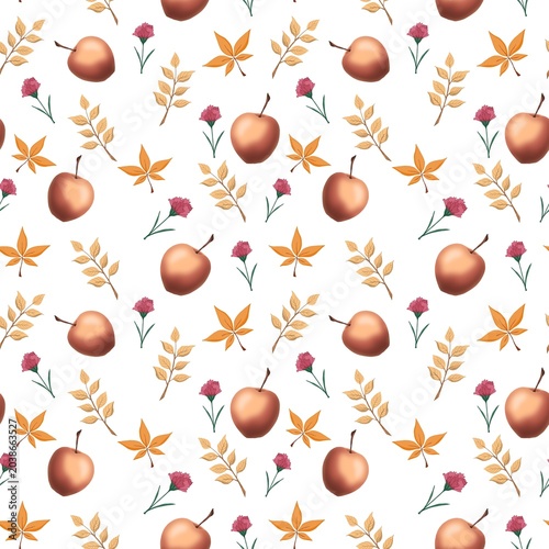 Autumn seamless Pattern with apples, autumn leaves, and flowers on a white background showing a simple design suited for decoration