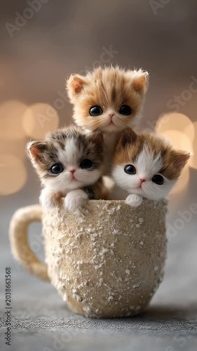 Tiny cute kittens sitting inside a cozy cup with soft lighting adorable pet video.