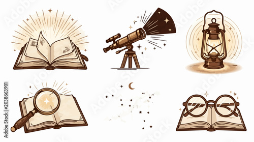 Vintage exploration and discovery icons set with open books telescope lantern magnifying glass and spectacles in a hand drawn vector illustration style
