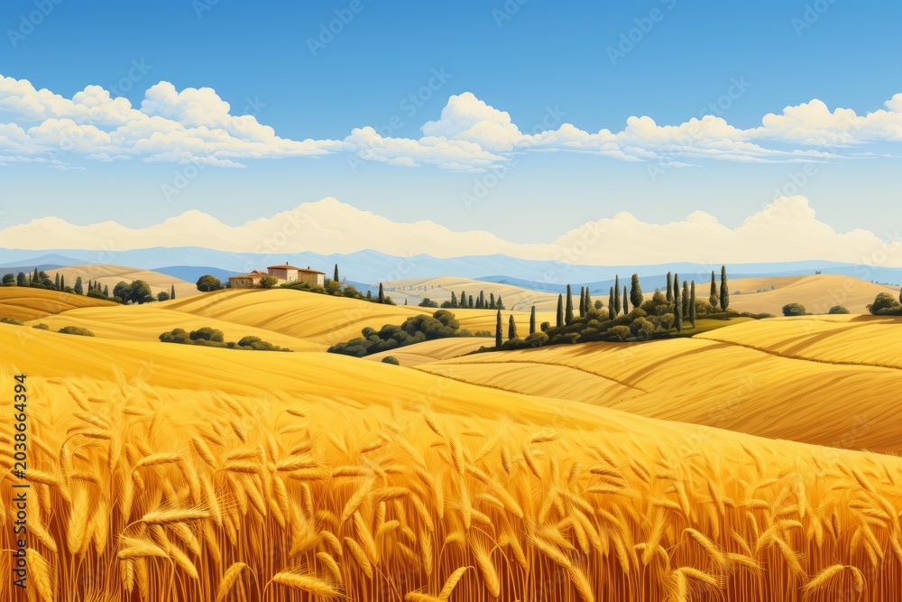 Fototapeta premium Golden wheat fields stretching across rolling hills with distant farmhouses under a blue sky