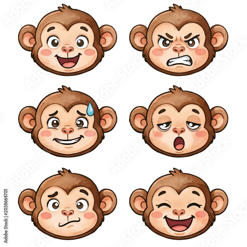 Canvas Print Cute funny monkey cartoon animal faces set with  vector icons